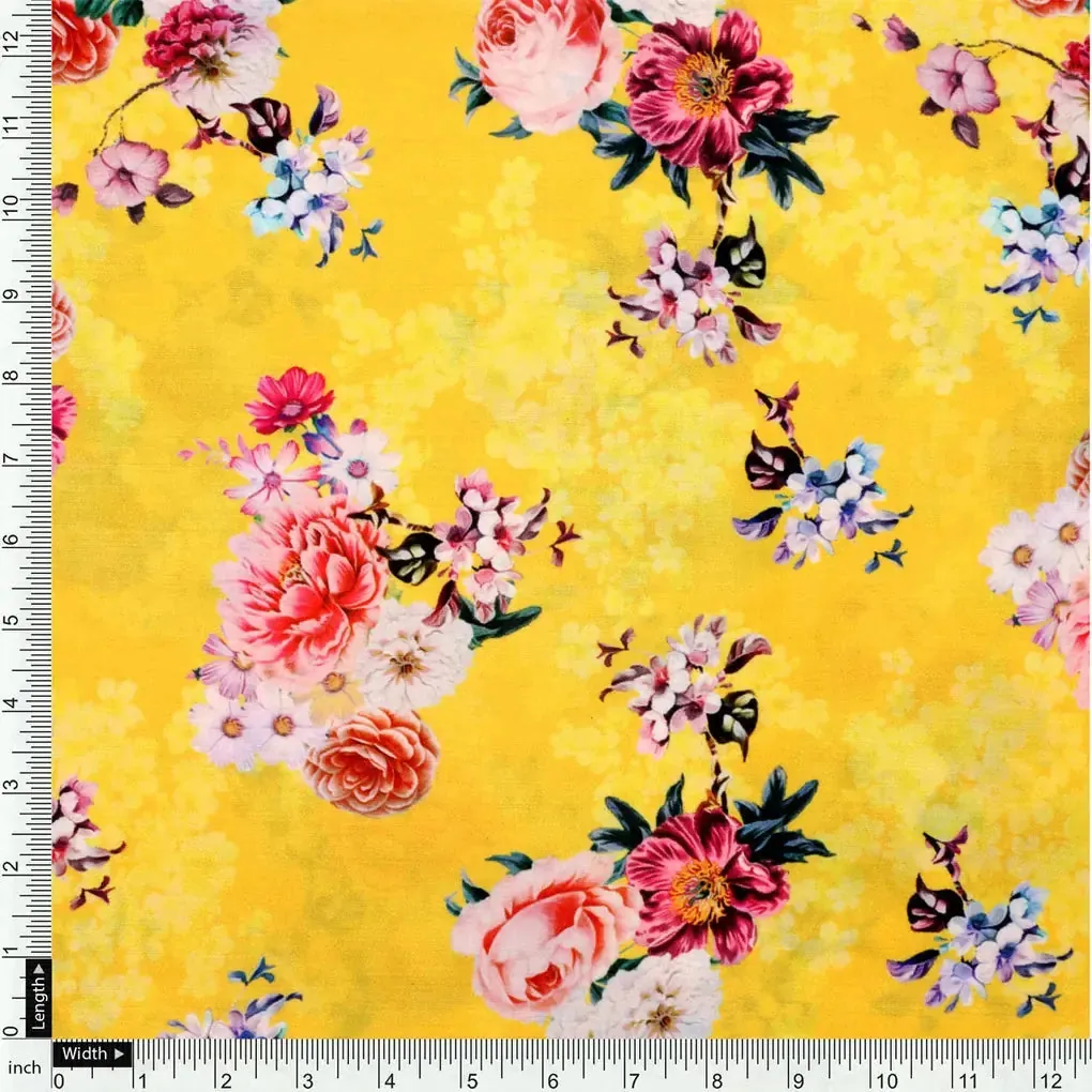 Beautiful Yellow Base Floral Bunch Digital Printed Fabric - Image 4