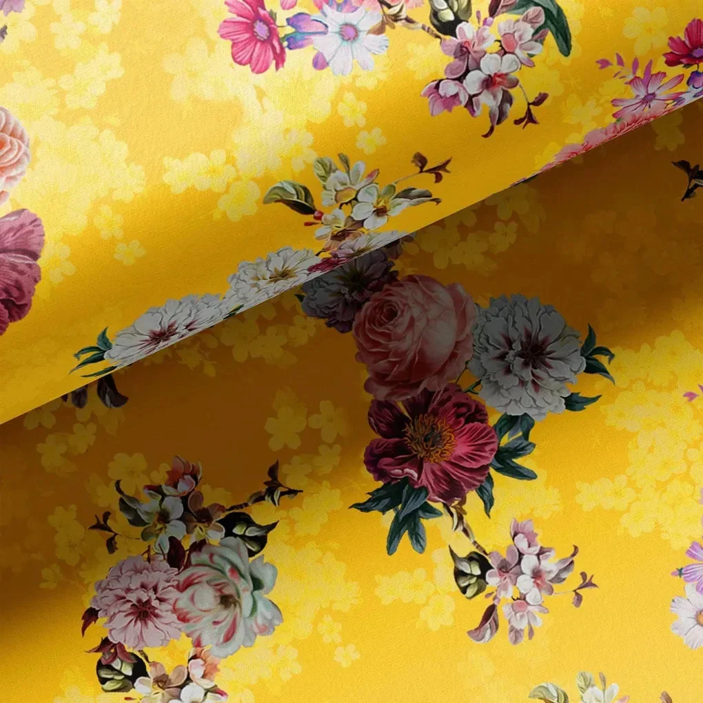 Beautiful Yellow Base Floral Bunch Digital Printed Fabric - Image 3
