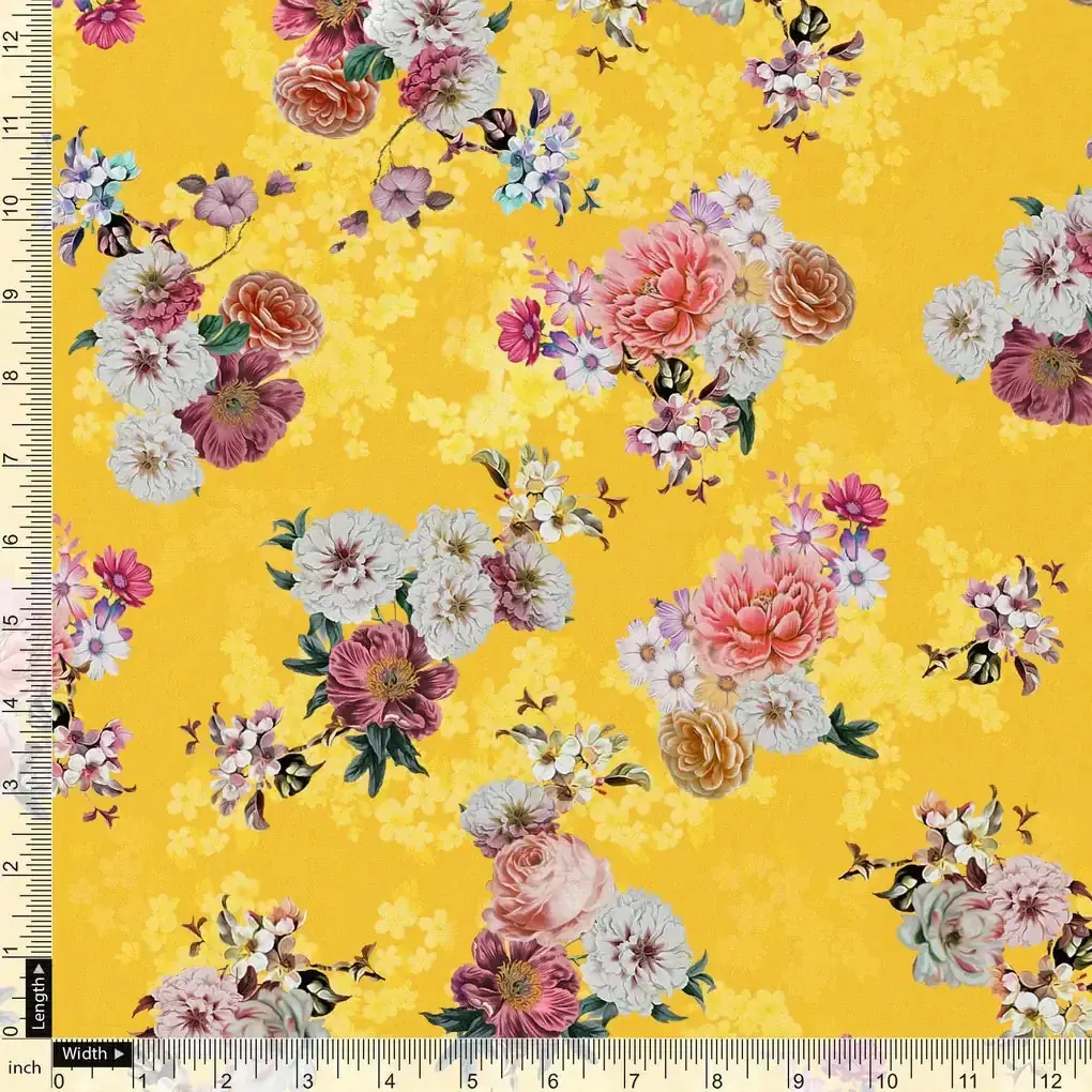 Beautiful Yellow Base Floral Bunch Digital Printed Fabric - Image 4