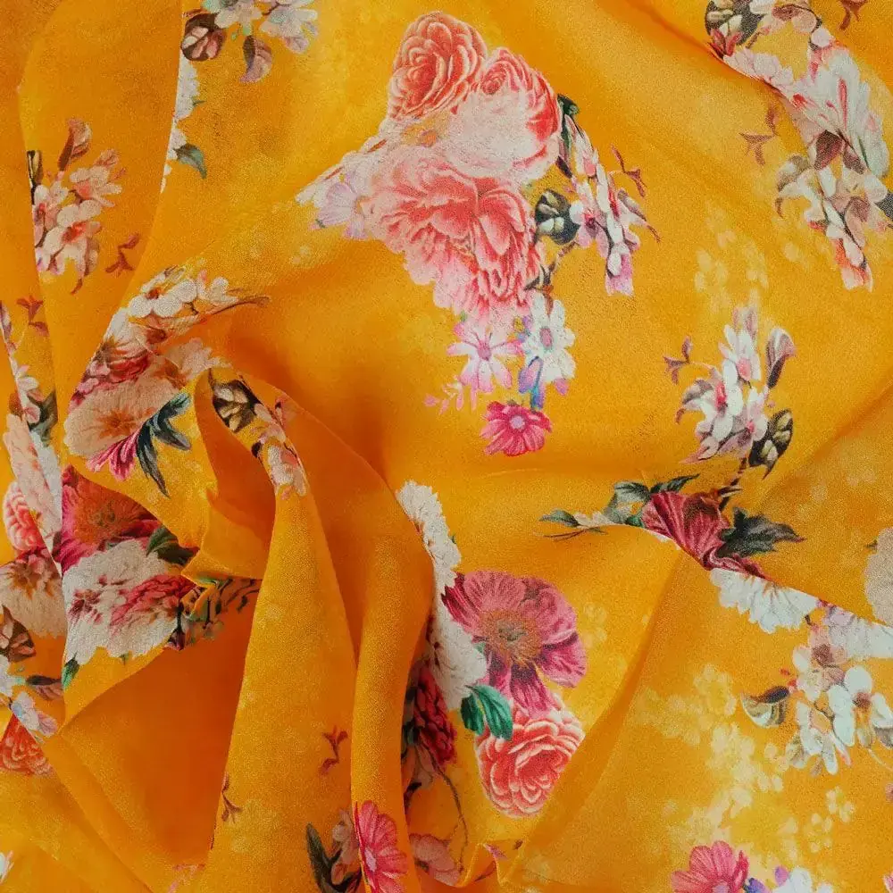 Beautiful Yellow Base Floral Bunch Digital Printed Fabric - Image 3