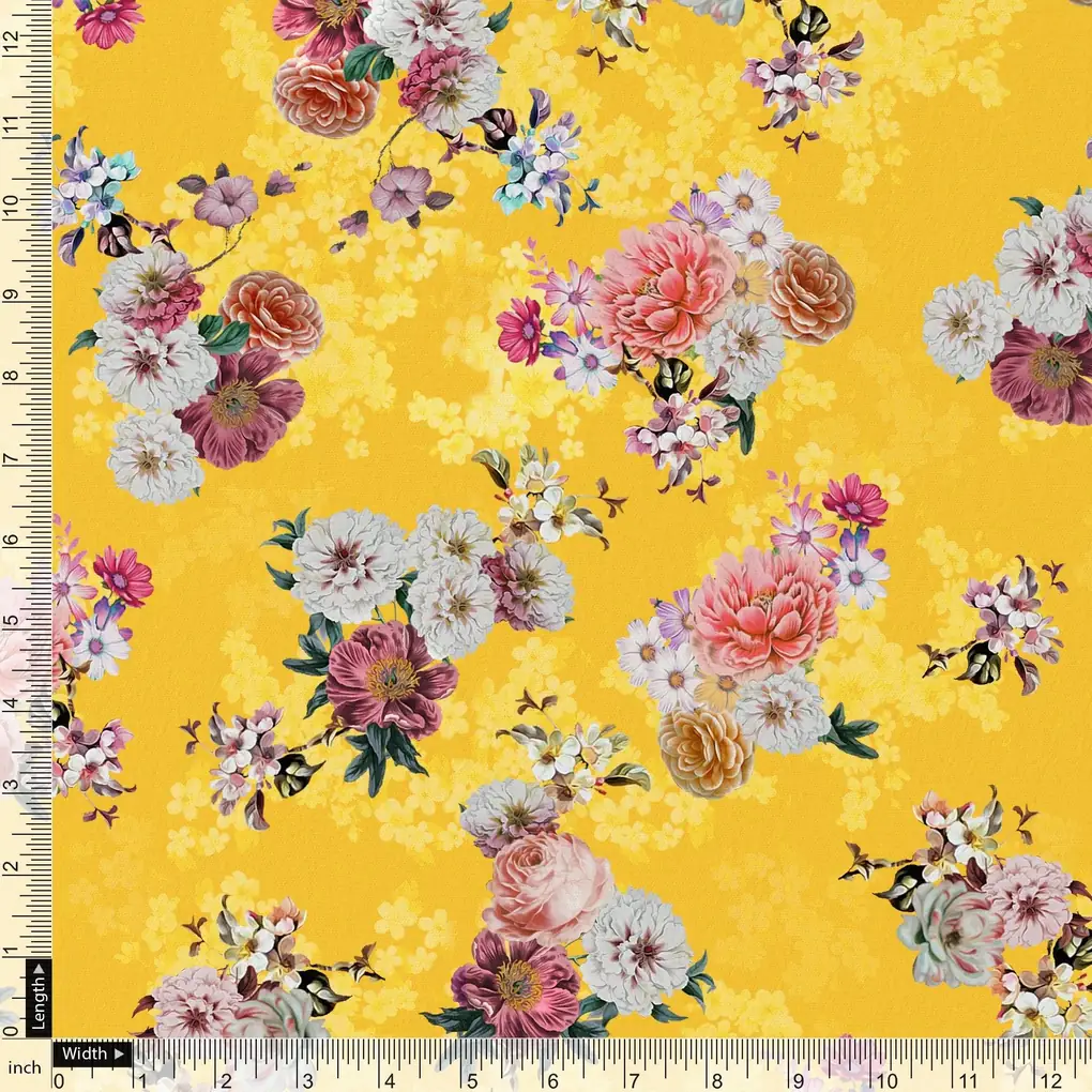 Beautiful Yellow Base Floral Bunch Digital Printed Fabric - Image 4