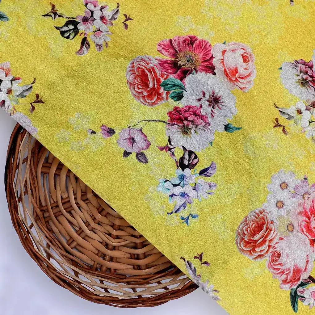 Beautiful Yellow Base Floral Bunch Digital Printed Fabric - Image 2