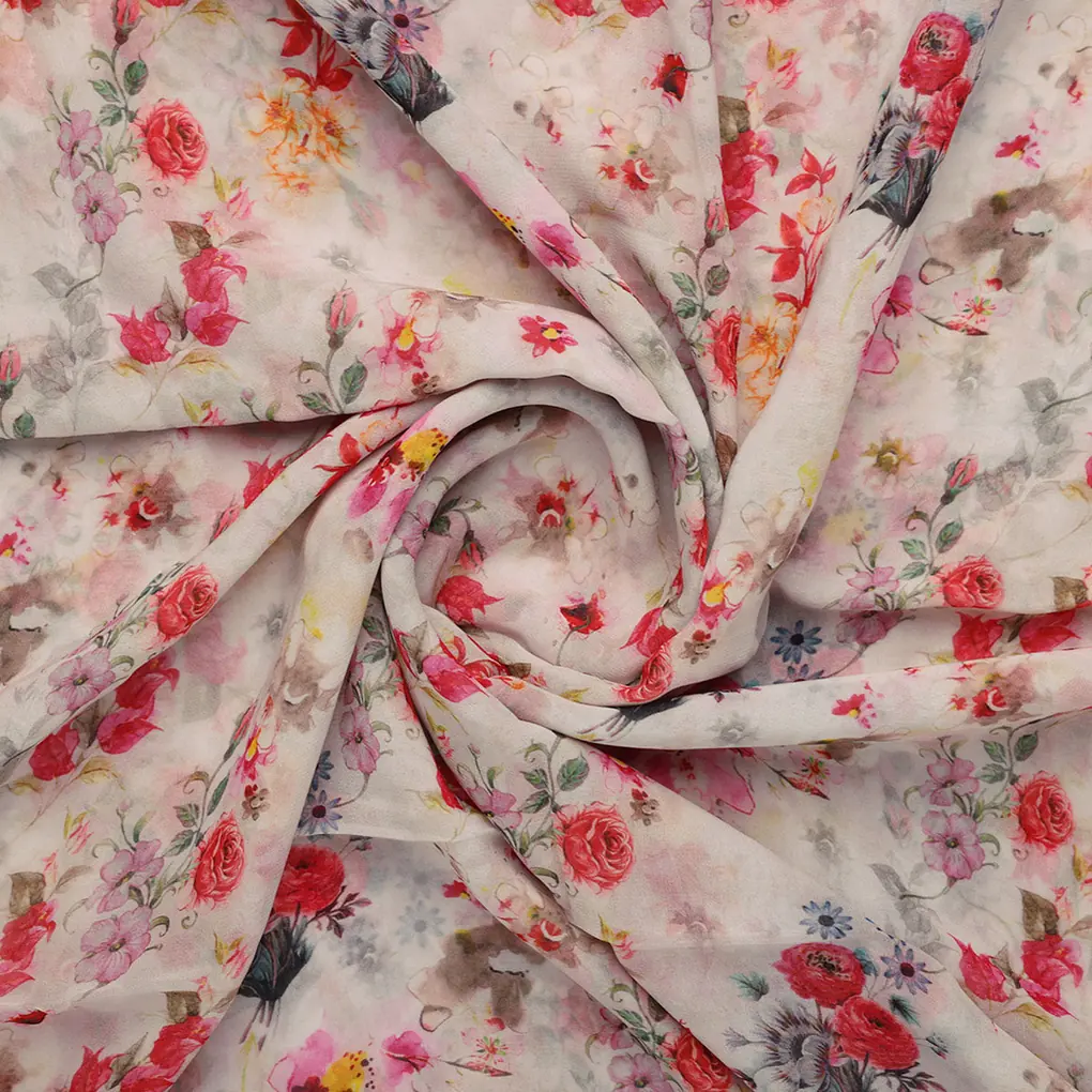 Beautifull Red And Pink Camellia Rose Of Branch Digital Printed Fabric - Pure Georgette - Image 2