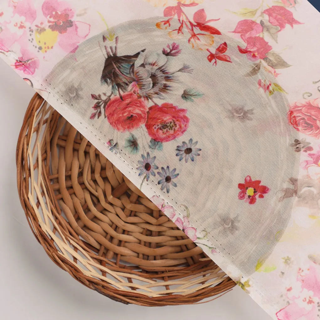 Beautifull Red And Pink Camellia Rose Of Branch Digital Printed Fabric - Pure Georgette - Image 3