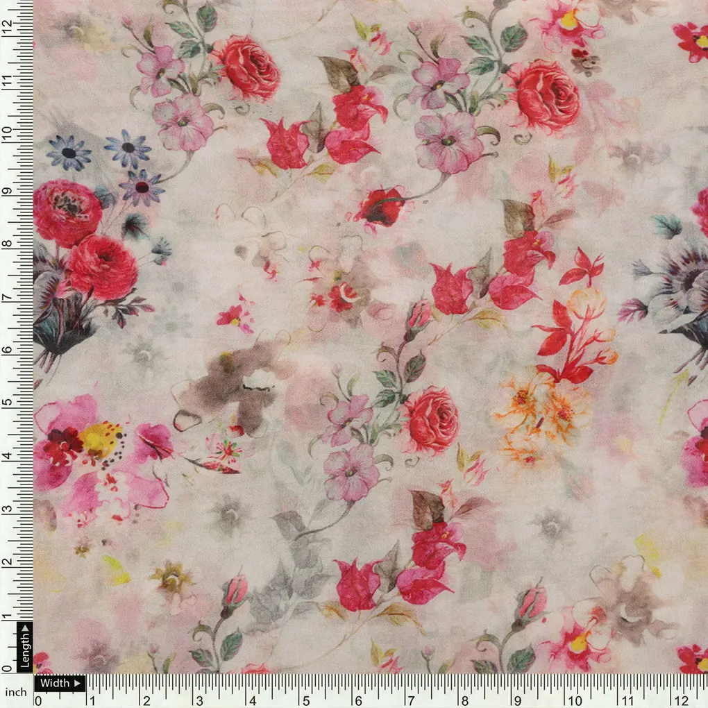 Beautifull Red And Pink Camellia Rose Of Branch Digital Printed Fabric - Pure Georgette - Image 4