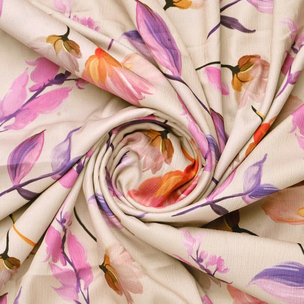 Beige Floral Digital Print Polyester Fabric - Image 2