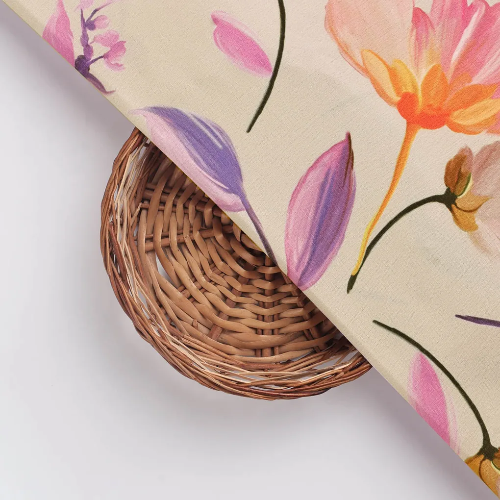 Beige Floral Digital Print Polyester Fabric - Image 3