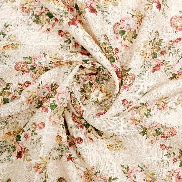 Beige Floral Grid Linen Fabric - Image 2