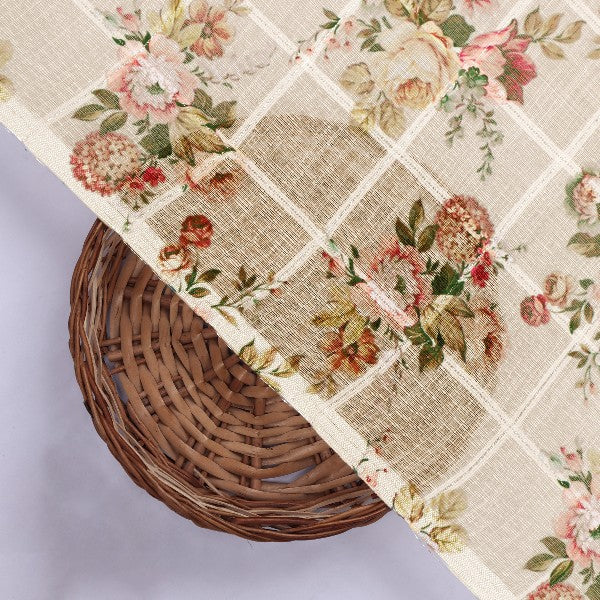 Beige Floral Grid Linen Fabric - Image 3