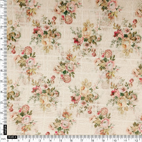 Beige Floral Grid Linen Fabric - Image 4