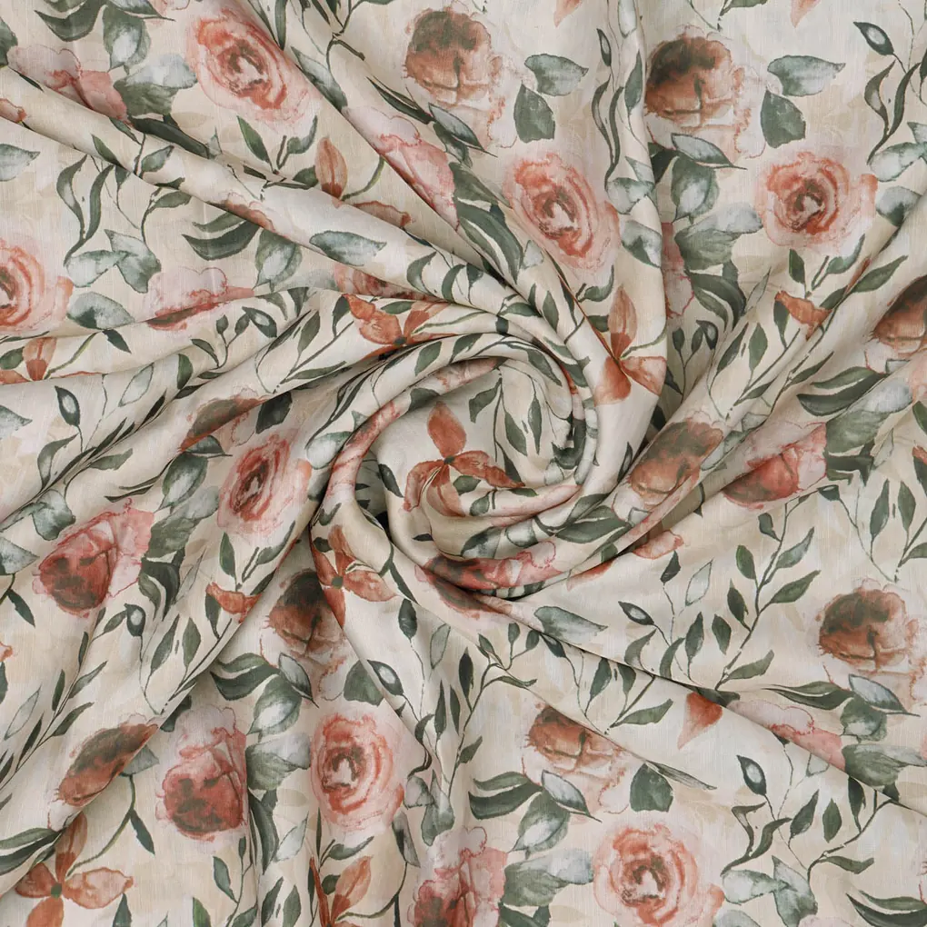 Beige Floral Linen Satin Fabric - Image 2