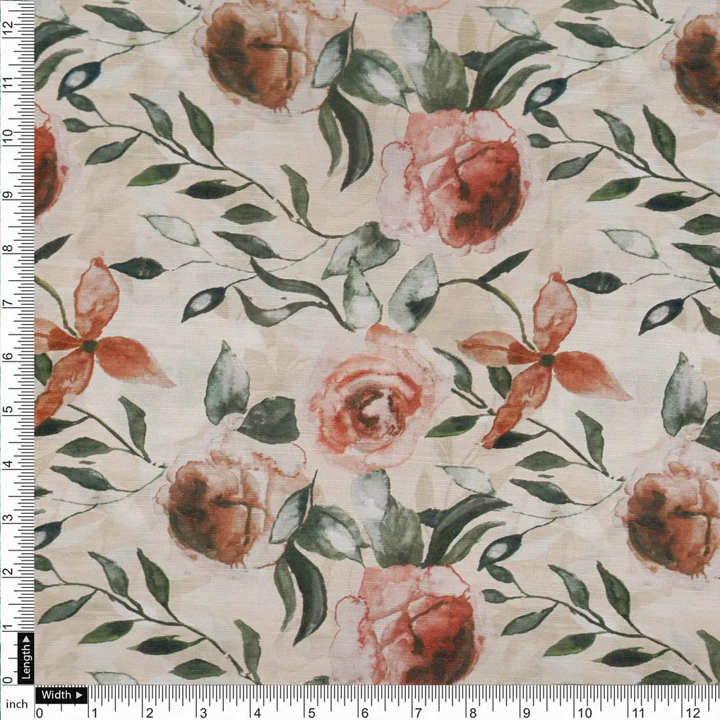 Beige Floral Linen Satin Fabric - Image 3