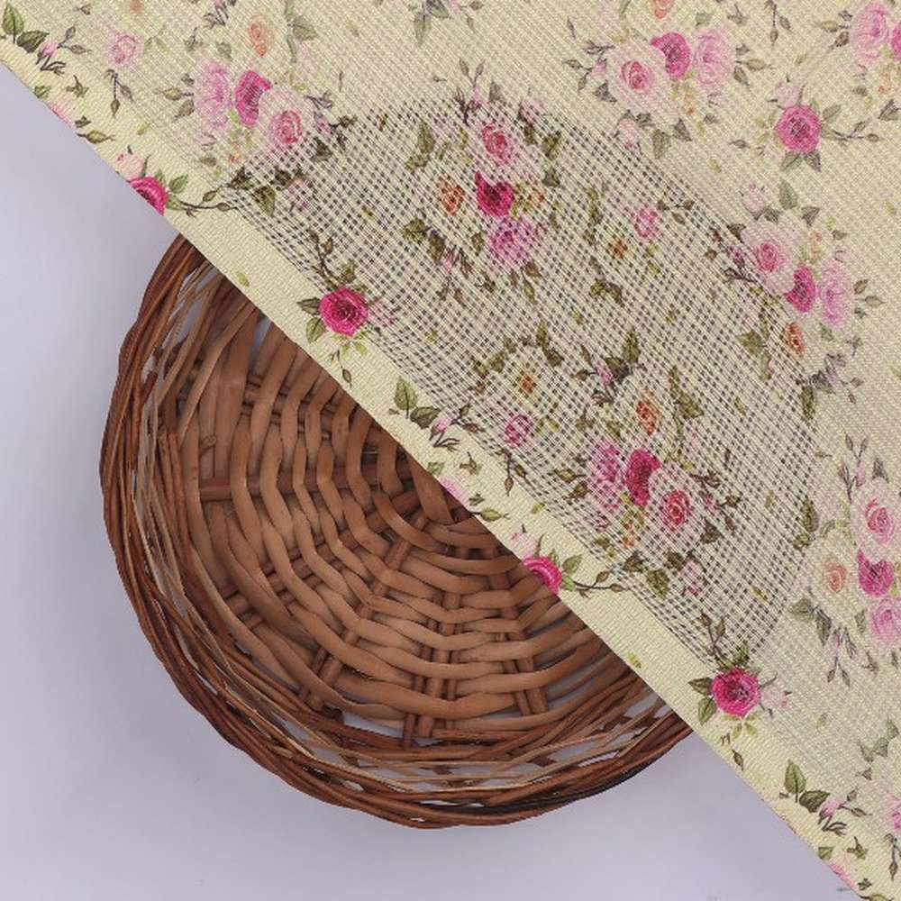 Beige Floral Printed Kota Doria Polyester Fabric - Image 3