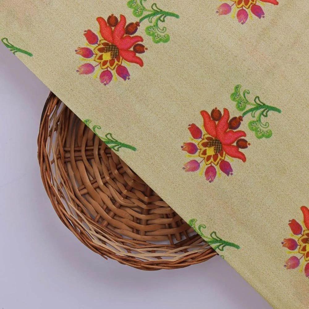 Beige Muslin Fabric with Red and Green Floral Motifs - Image 2