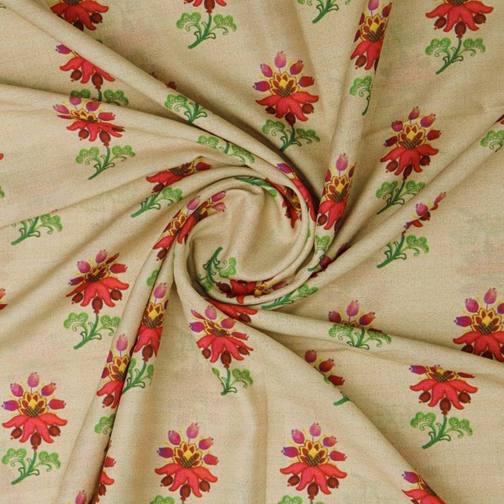 Beige Muslin Fabric with Red and Green Floral Motifs - Image 3