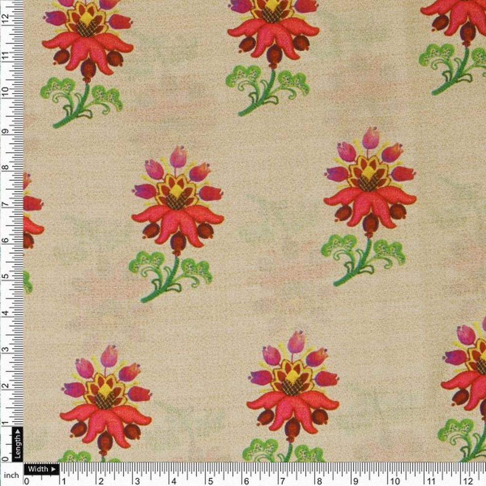 Beige Muslin Fabric with Red and Green Floral Motifs - Image 4