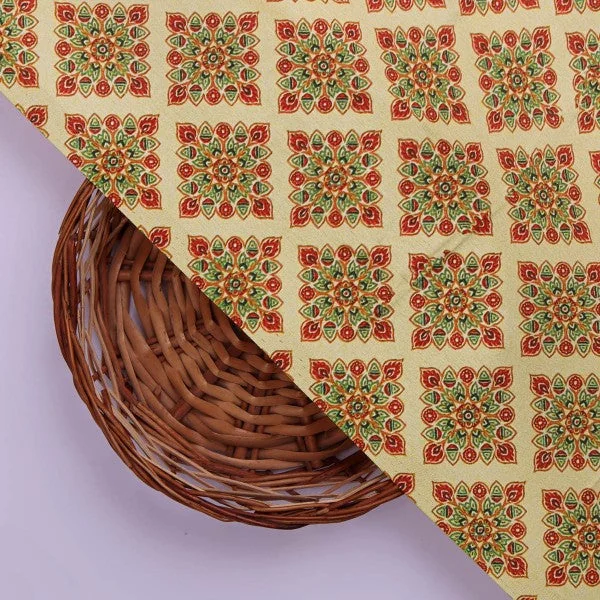 Beige & Red Ethnic Motif Printed Japan Satin Fabric - Image 2