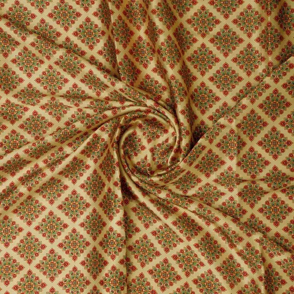 Beige & Red Ethnic Motif Printed Japan Satin Fabric - Image 3