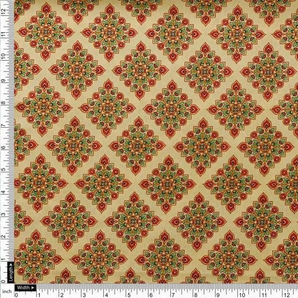 Beige & Red Ethnic Motif Printed Japan Satin Fabric - Image 4
