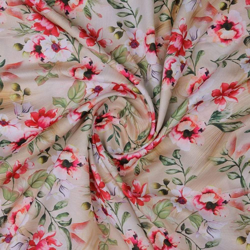 Beige & Red Watercolour Floral Printed Soft Rayon Fabric - Image 3