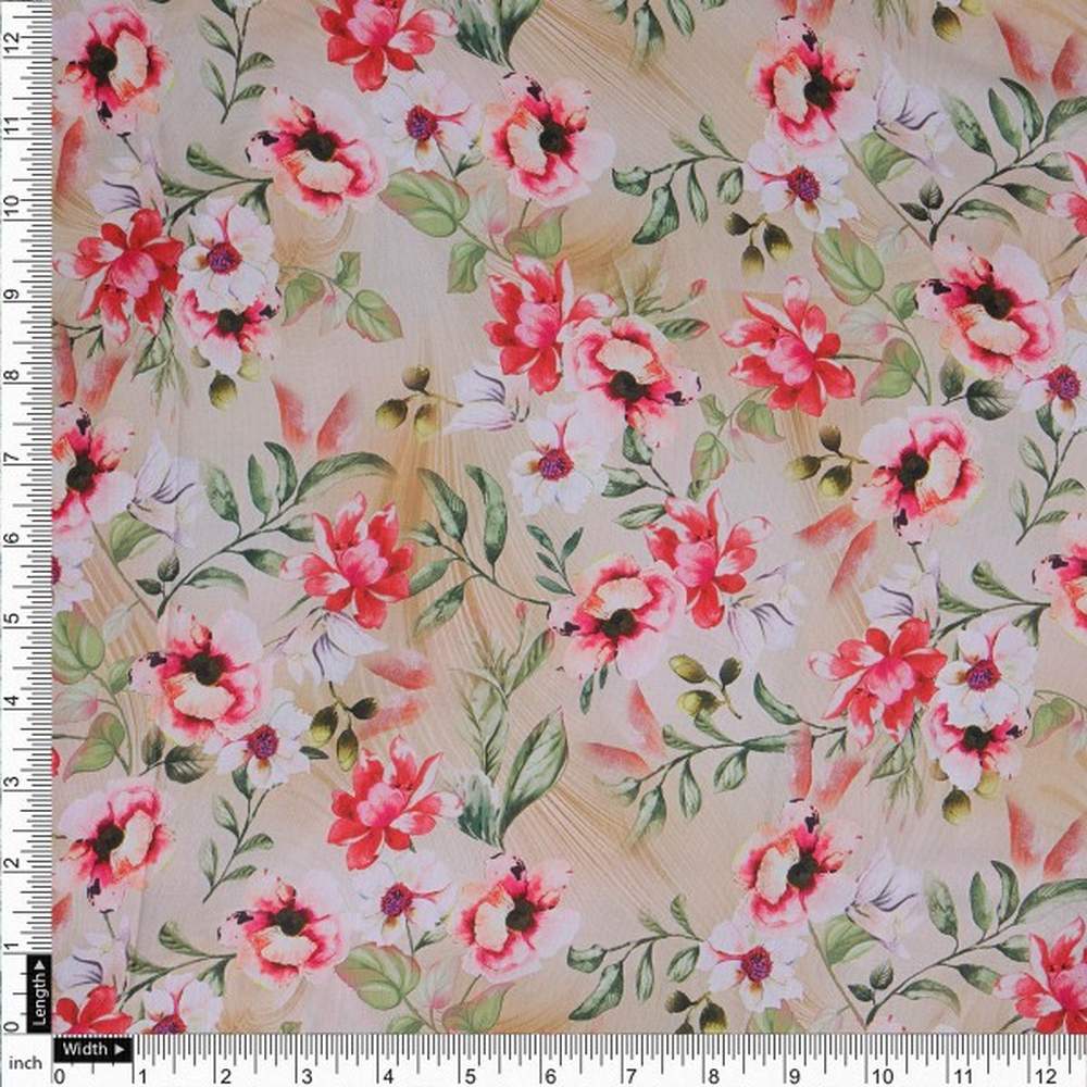 Beige & Red Watercolour Floral Printed Soft Rayon Fabric - Image 4
