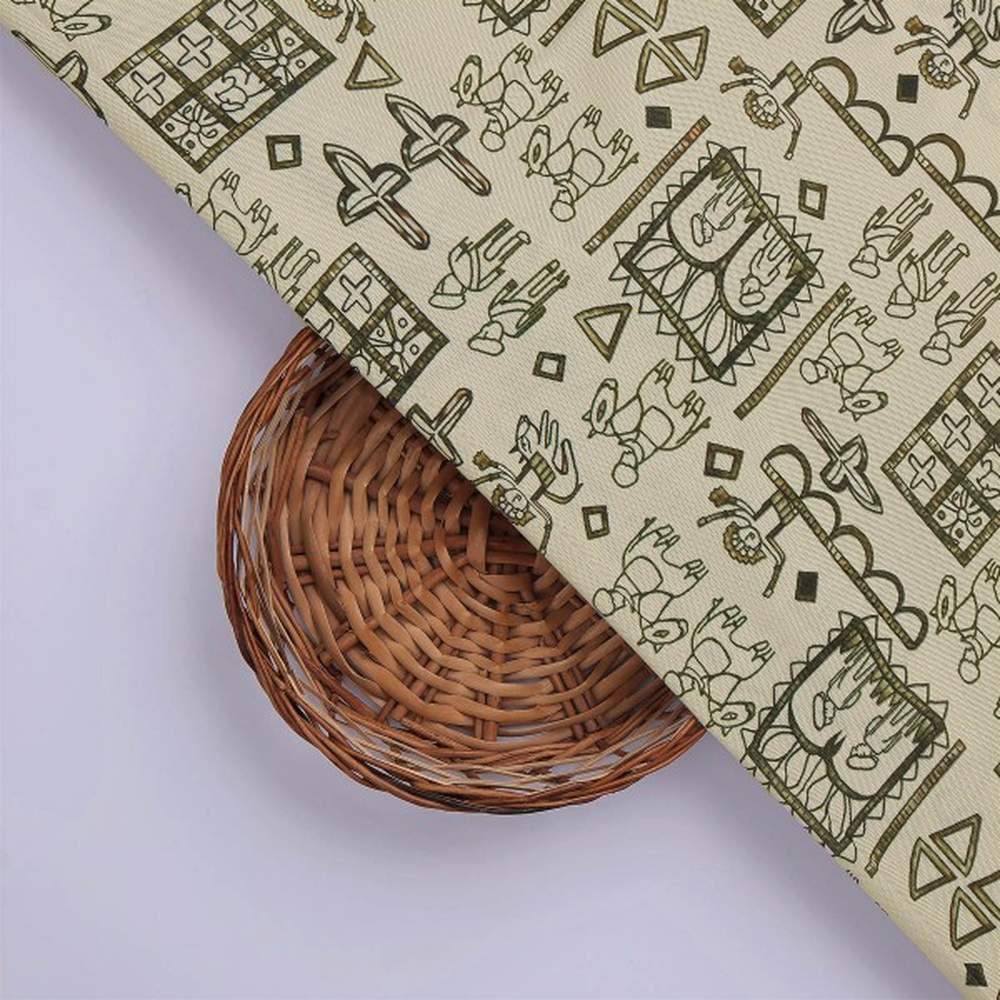 Beige Tribal Motif Quirky Art Print Soft Rayon Fabric - Image 2