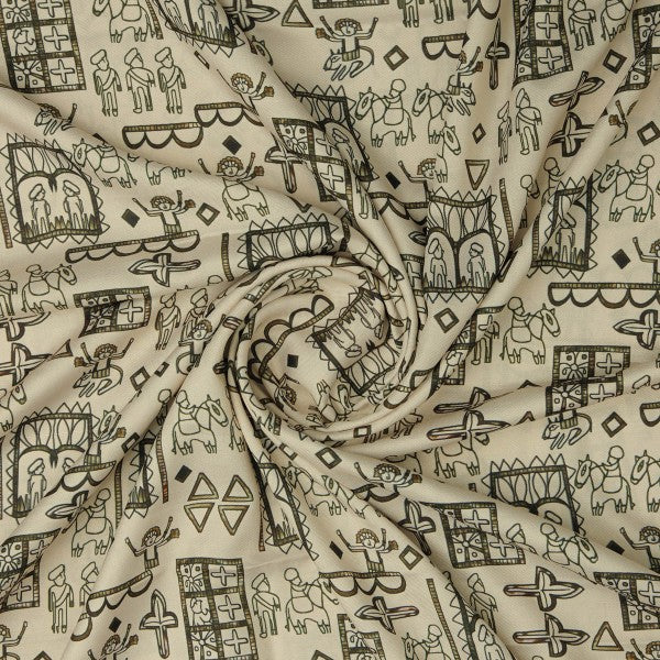 Beige Tribal Motif Quirky Art Print Soft Rayon Fabric - Image 3
