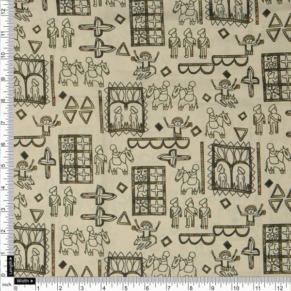 Beige Tribal Motif Quirky Art Print Soft Rayon Fabric - Image 4