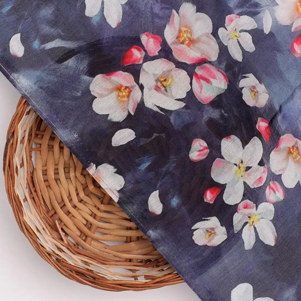 Blue Floral Printed Pure Muslin Fabric - Image 2