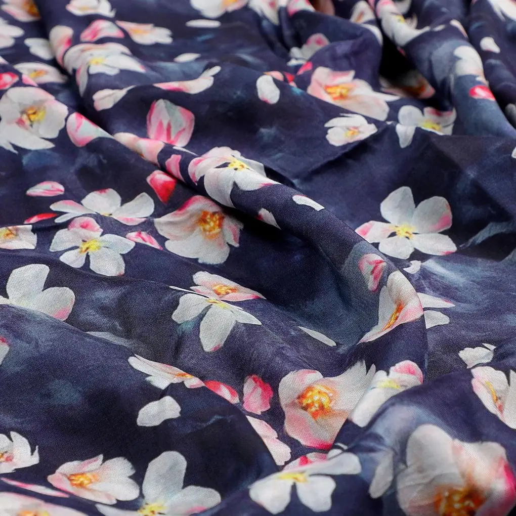 Blue Floral Printed Pure Muslin Fabric - Image 3