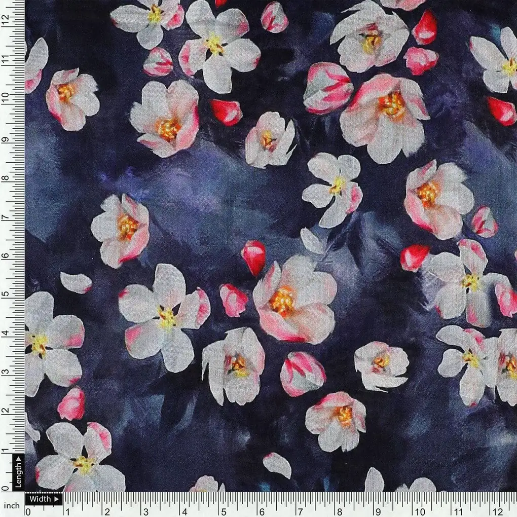 Blue Floral Printed Pure Muslin Fabric - Image 4