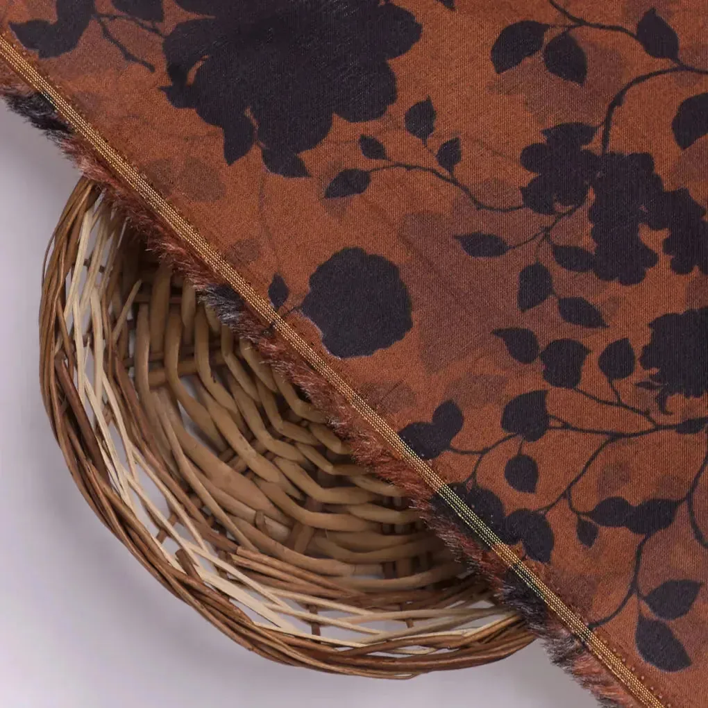 Black And Rustic Look Flower Digital Printed Fabric - Upada Silk - Image 3