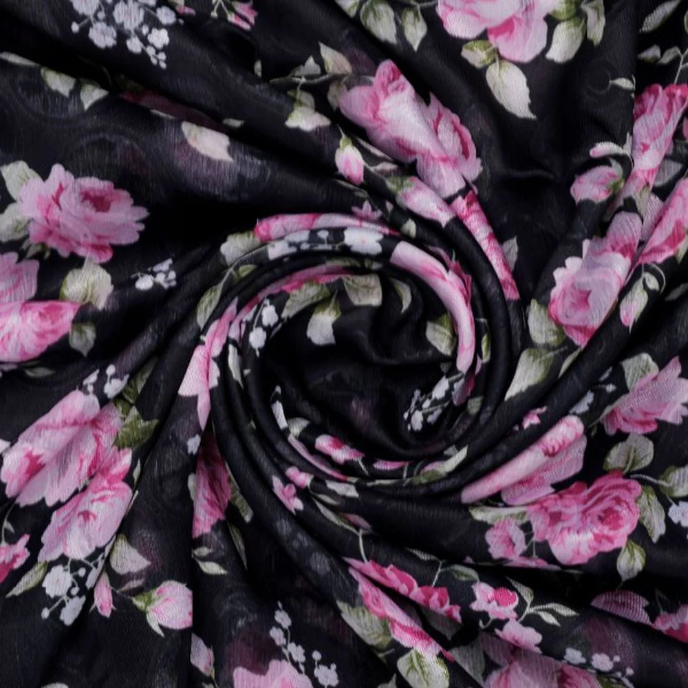 Black Brasso Fabric with Classic Pink Rose Floral Print - Image 2