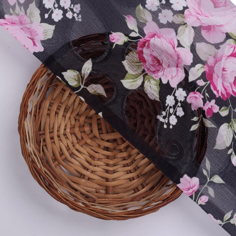 Black Brasso Fabric with Classic Pink Rose Floral Print - Image 3