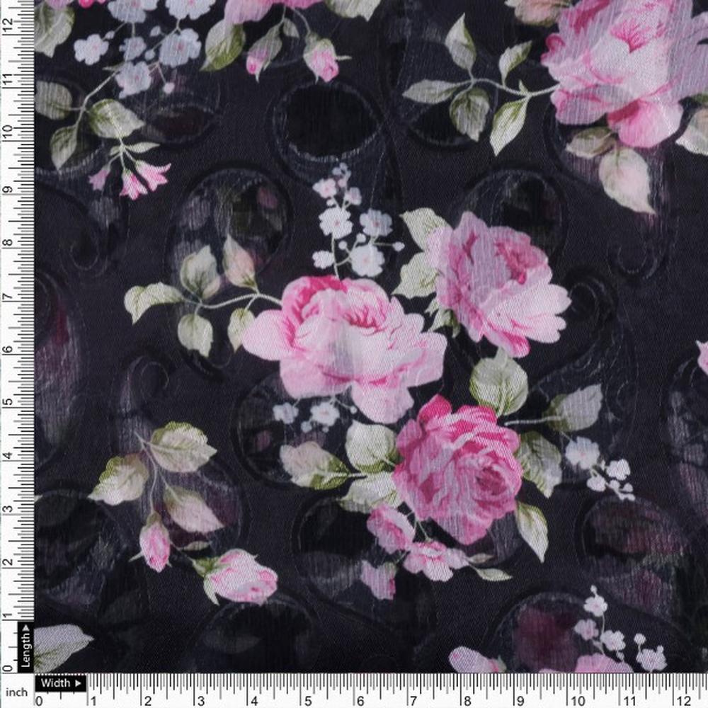 Black Brasso Fabric with Classic Pink Rose Floral Print - Image 4