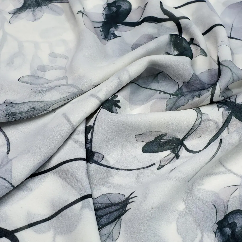 Black Floating Flowers Digital Printed Fabric - Weightless - Image 3