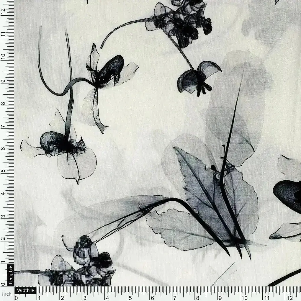 Black Floating Flowers Digital Printed Fabric - Muslin - Image 4