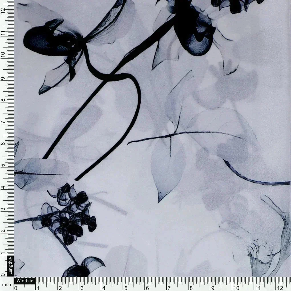Black Floating Flowers Digital Printed Fabric - Crepe - Image 4
