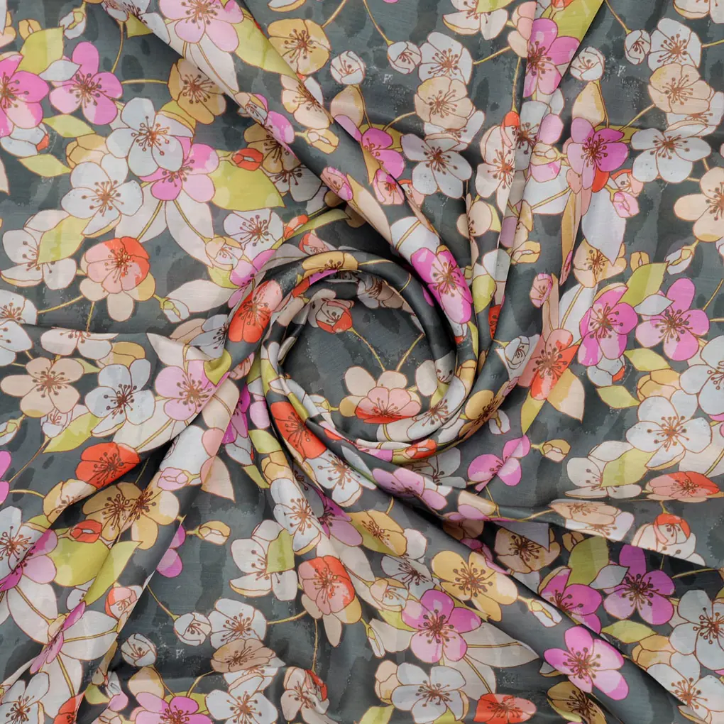 Black Floral Linen Satin Fabric - Image 2