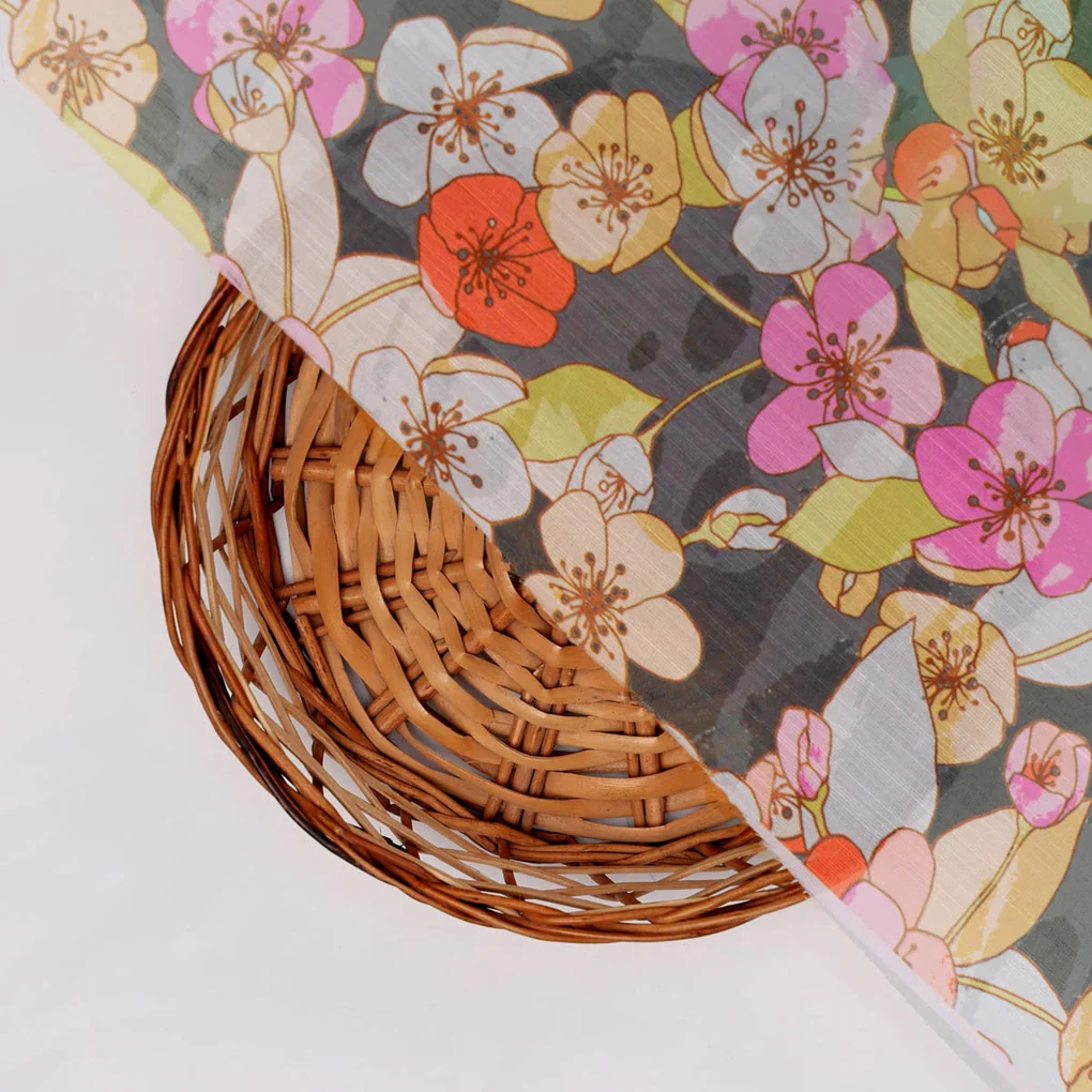Black Floral Linen Satin Fabric - Image 3