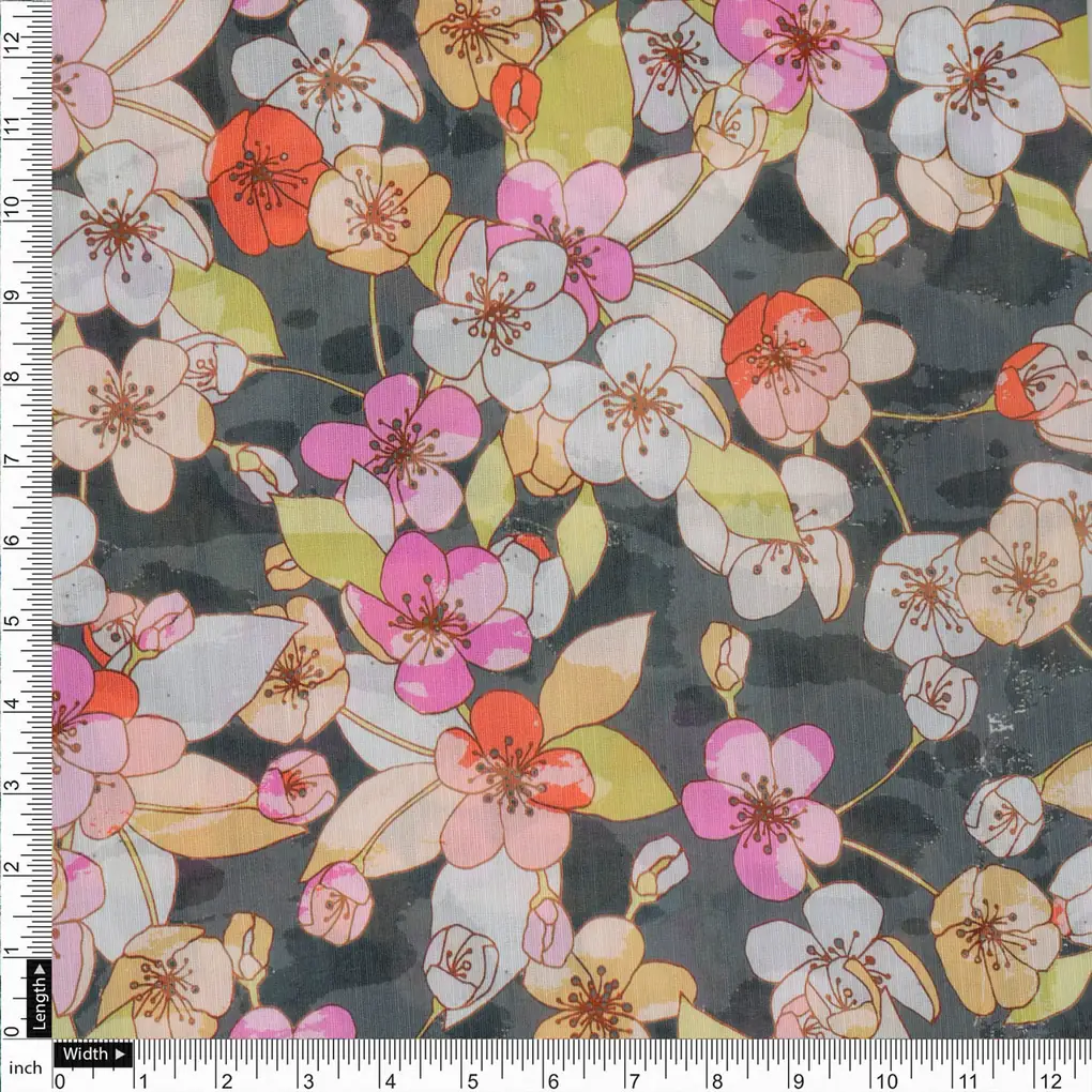 Black Floral Linen Satin Fabric - Image 4