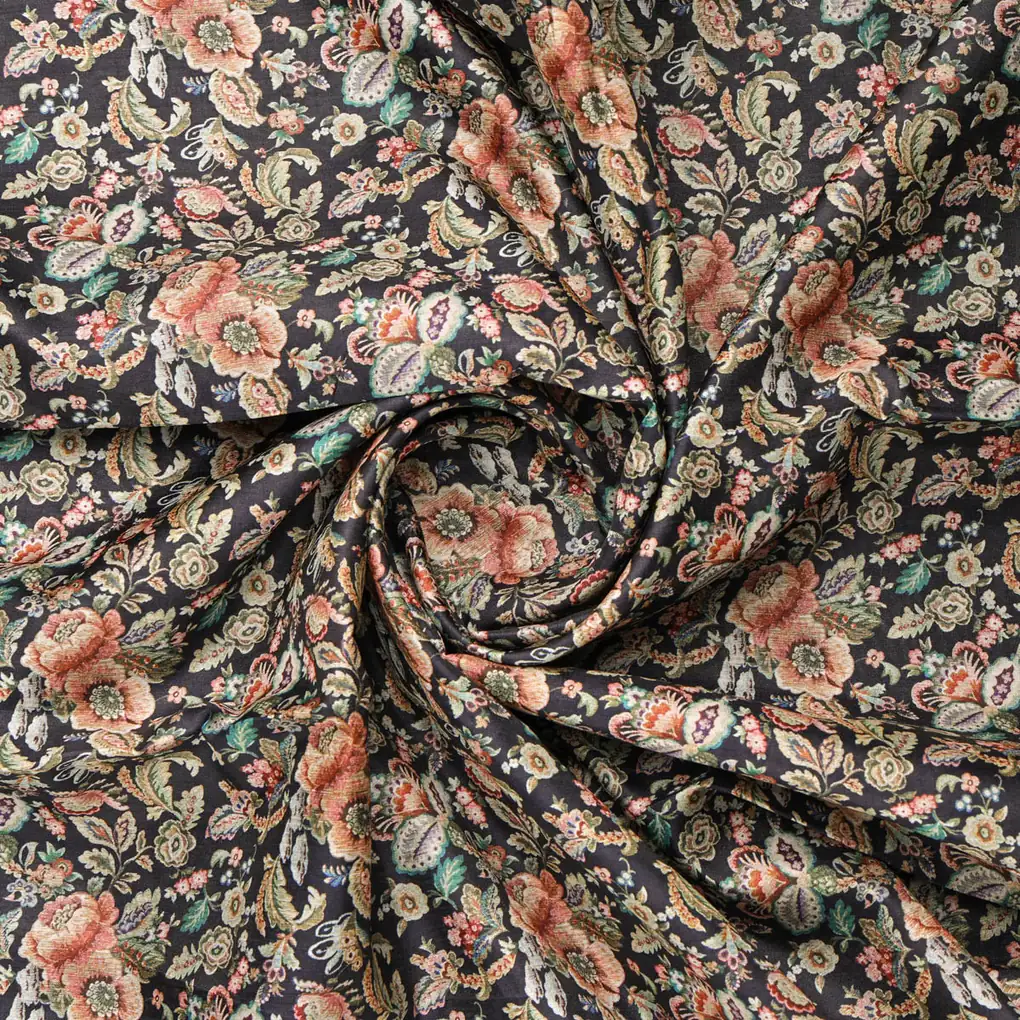 Black Floral Printed Dola Silk Fabric - Image 2