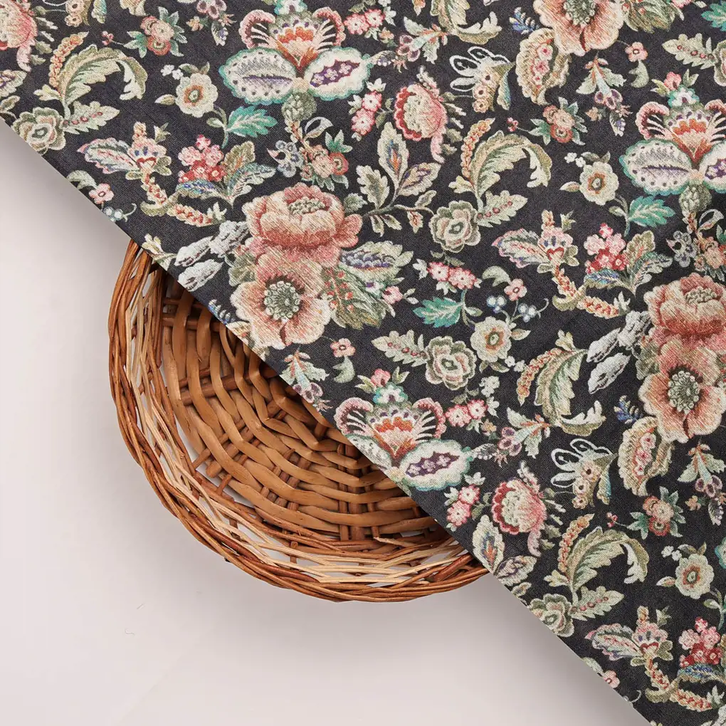 Black Floral Printed Dola Silk Fabric - Image 3