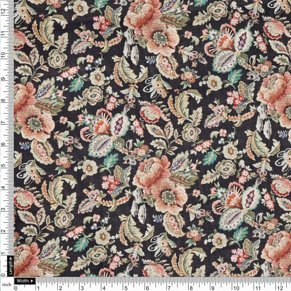 Black Floral Printed Dola Silk Fabric - Image 4