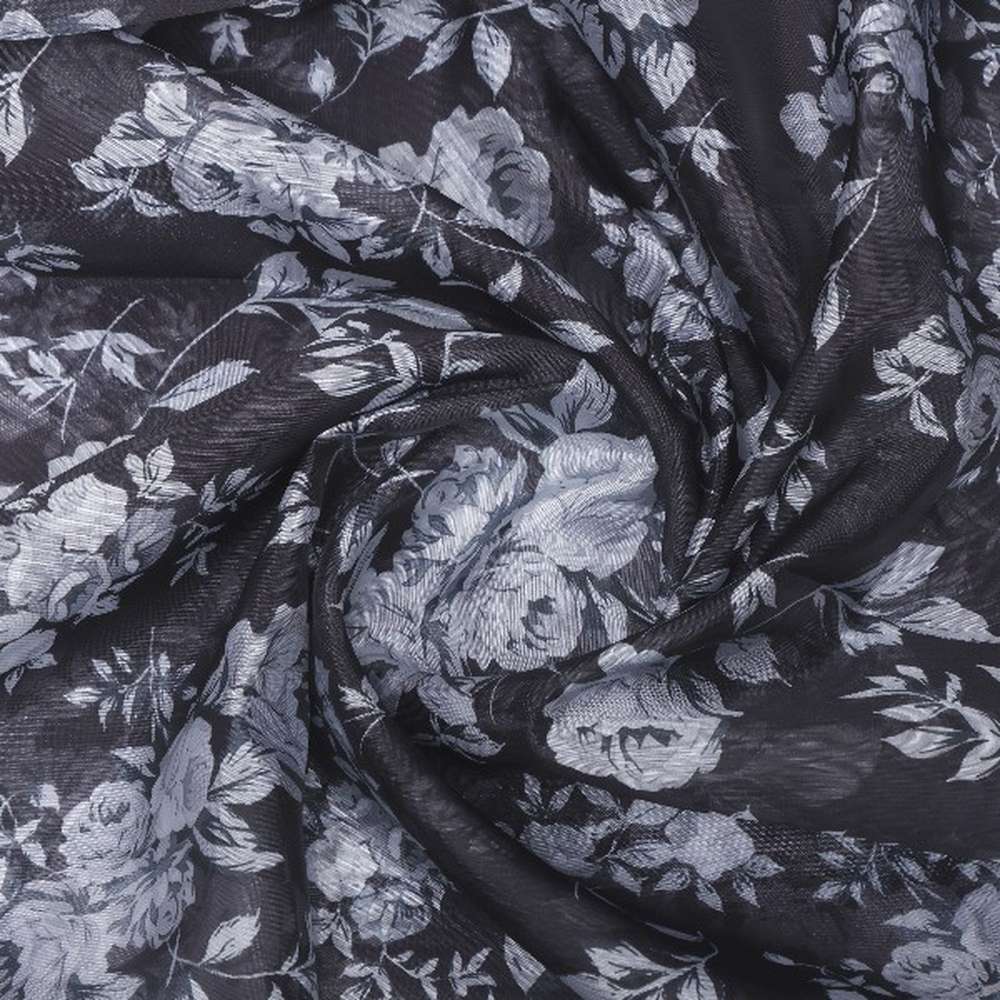 Black Floral Printed Organza Fabric - Image 2