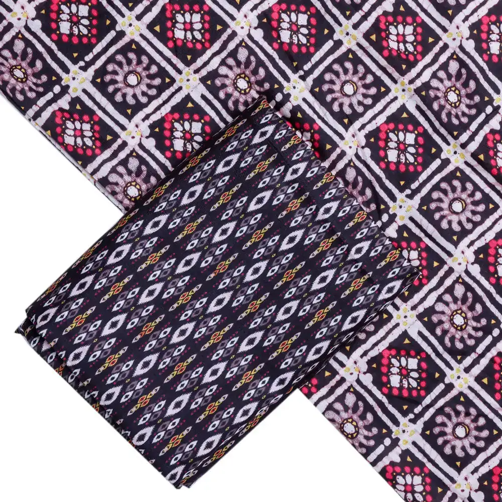 Black Mul Cotton Printed Unstitched Fabric Set (5 Meter Set) - Image 2