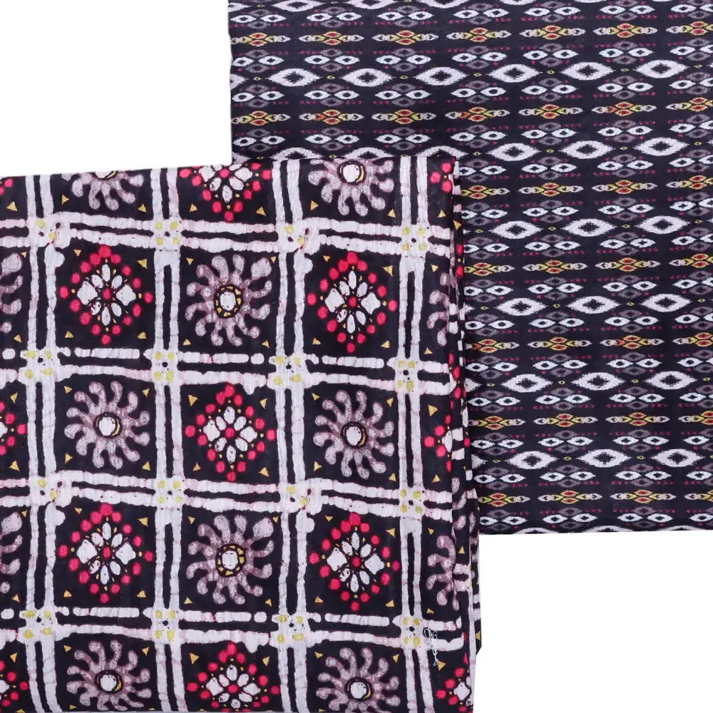 Black Mul Cotton Printed Unstitched Fabric Set (5 Meter Set) - Image 3