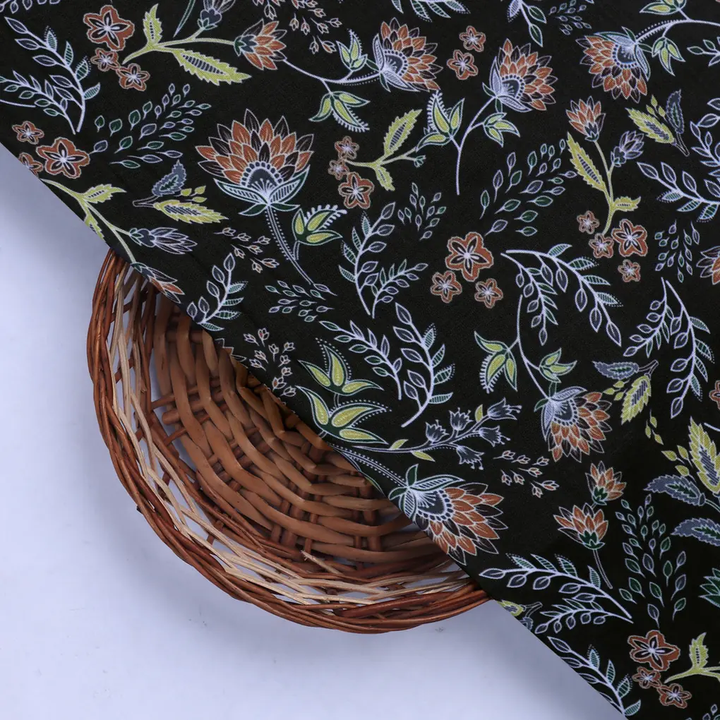 Black Muslin Fabric with Floral Print - Image 2