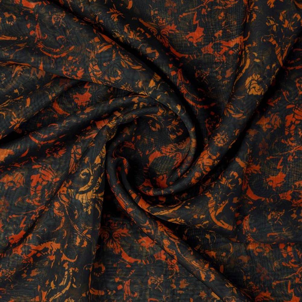 Black & Orange Baroque Damask Pattern Organza Fabric - Image 2