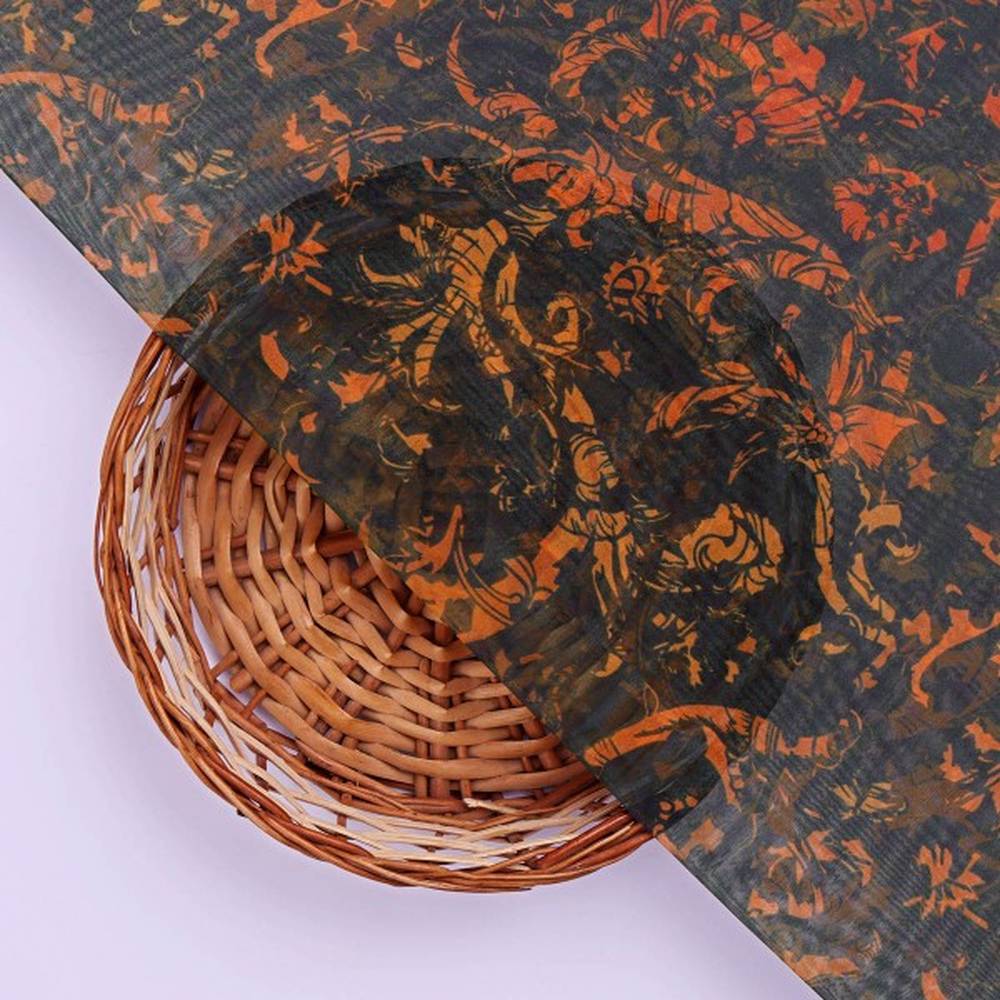 Black & Orange Baroque Damask Pattern Organza Fabric - Image 3